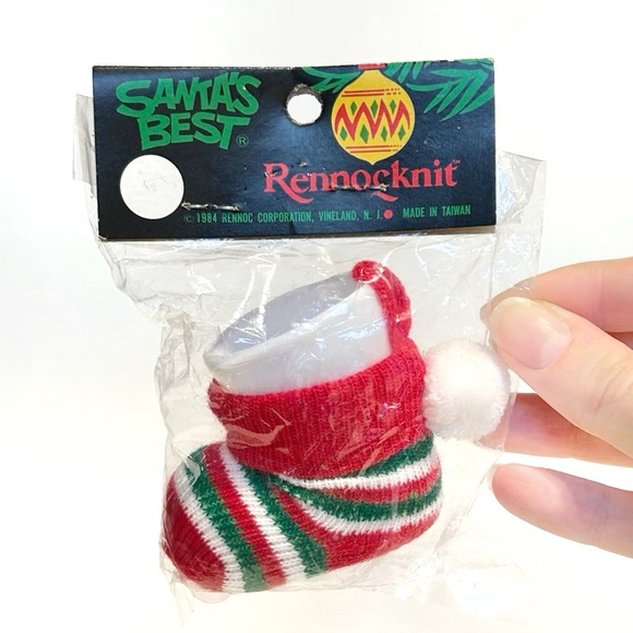 Vintage 1984 Knit Stocking Fillable Christmas Tree Ornaments Holiday Green Red - Picture 4 of 12